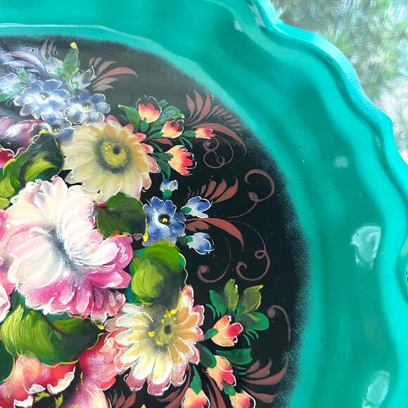 Vintage Zhostovo Russian Tole Tray with Bright Floral & Green Rim 15” - Picture 6 of 15